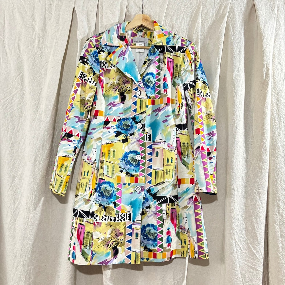 Sharon Young Multi Color‎ Abstract Art Print Cotton Blend A-Line Coat Size 6 - Picture 2 of 8